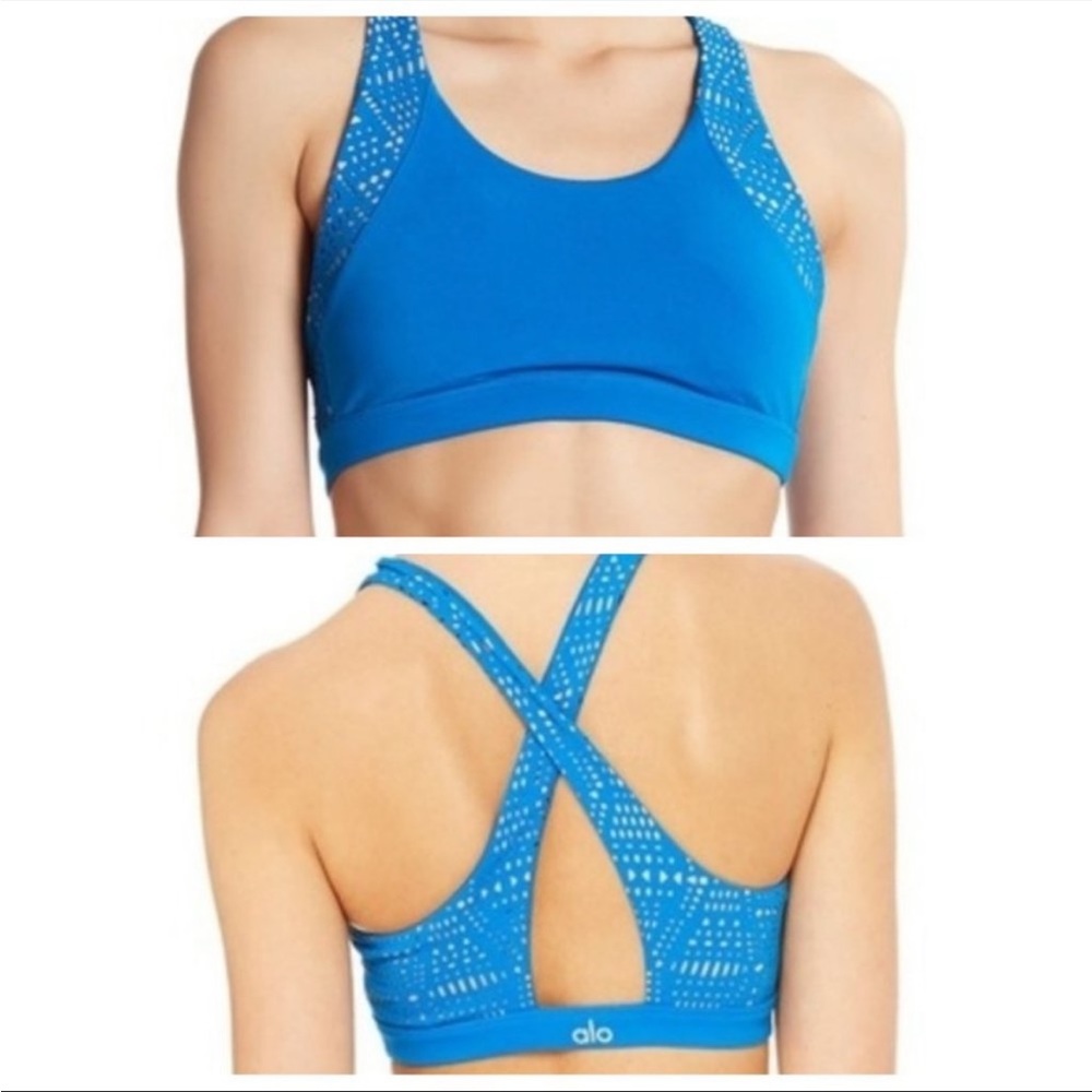 ALO Patina Laser Cutout Sports Bra in Blue